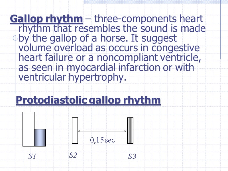 Gallop rhythm – three-components heart rhythm that resembles the sound is made by the